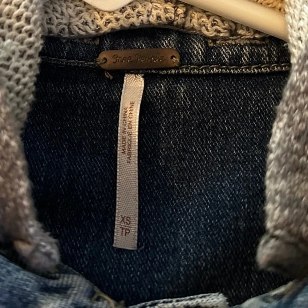 Free People Blue Grey Distressed Mixed‎ Media Hooded Denim Jacket Women's XS